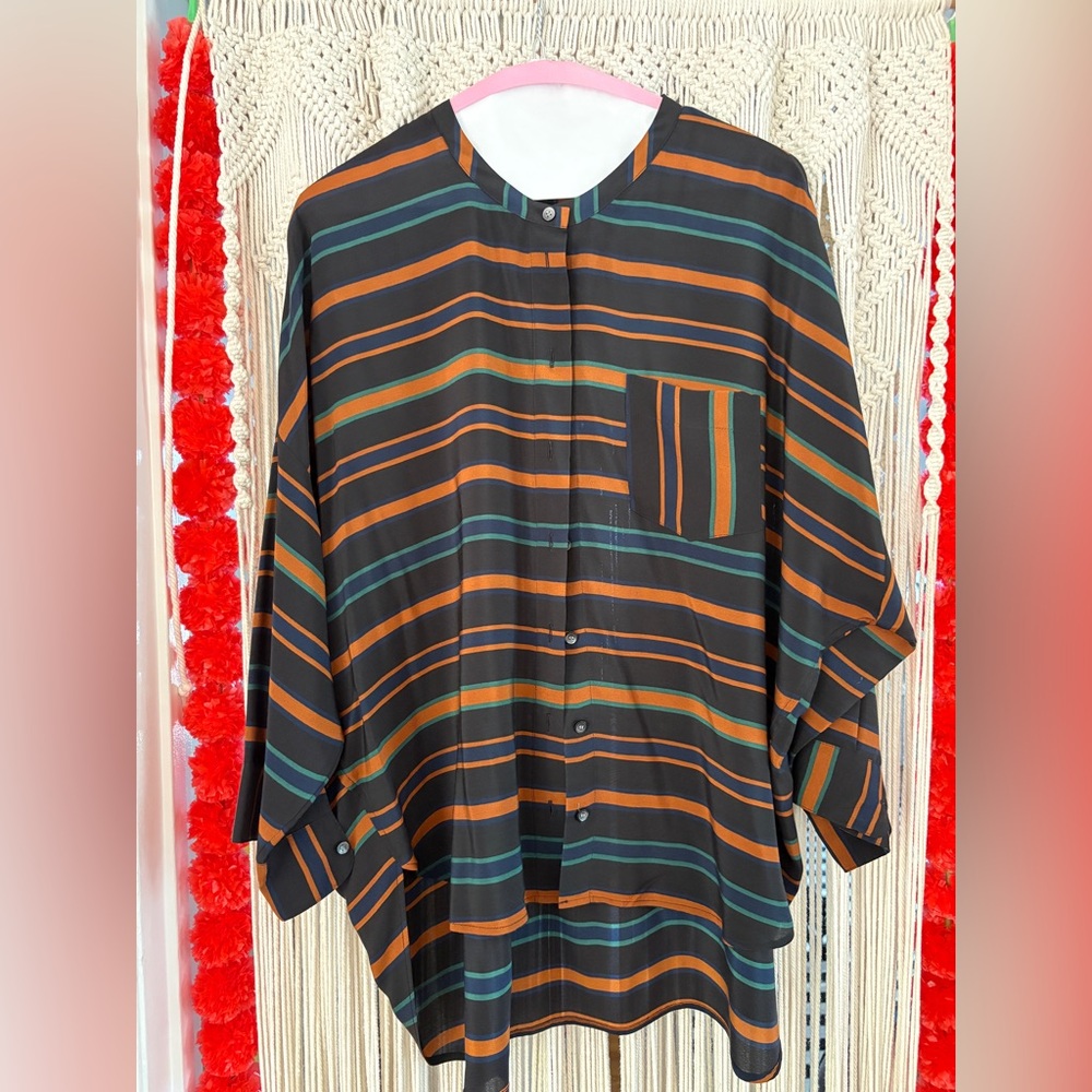 Striped Button-Up Shirt in Navy, Orange, and Green